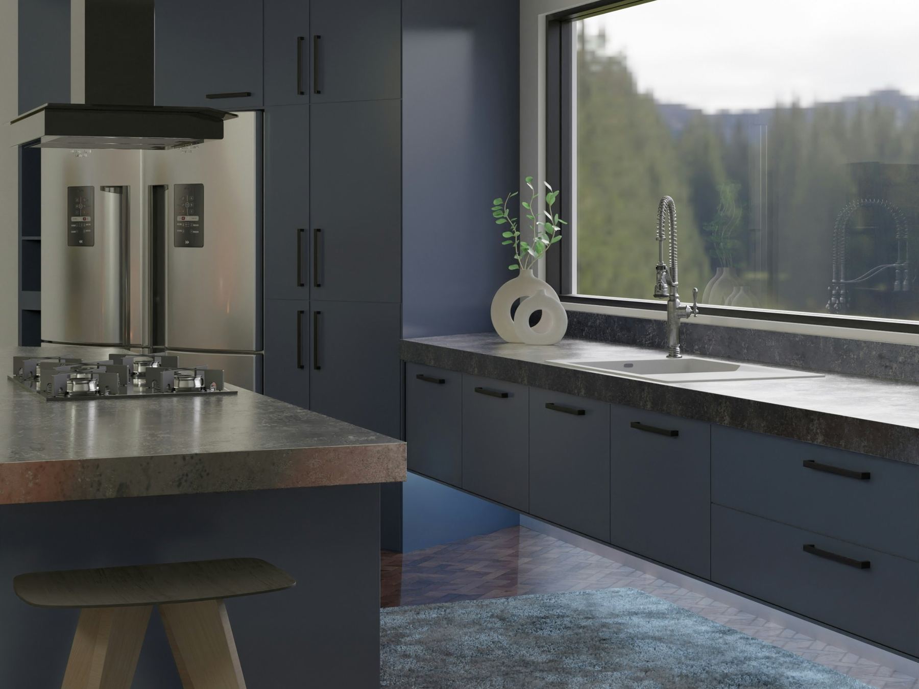 Kitchen with navy slab cabinets